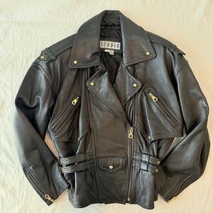 Vintage 1990s Black Belted Motorcycle Leather Jacket Studio Siena Women’s Small